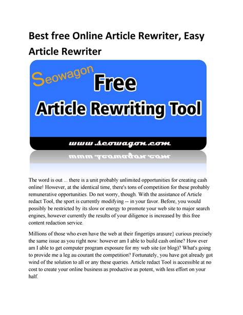 Article rewriter and online paraphrasing tool to rewrite, change synonym or spin unlimited number of articles, sentences and paragraphs (text). Best free online article rewriter - free article rewriter ...