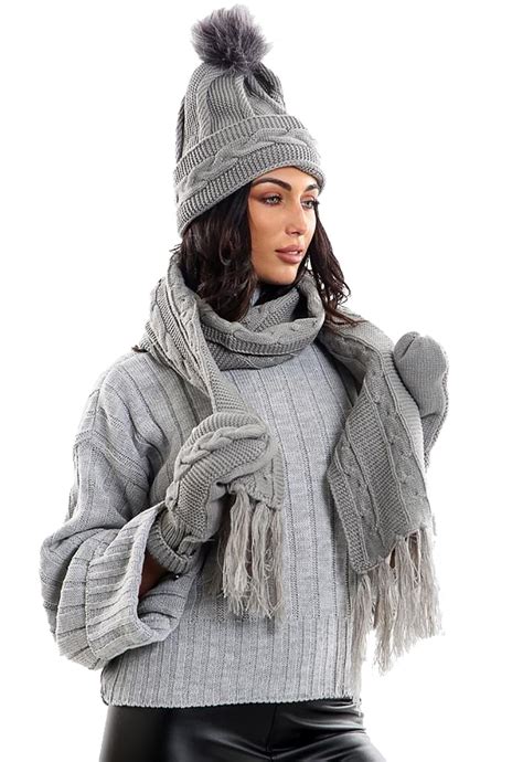 Ladies Knitted Lined Mittens Hat Scarf Set Womens Fleece Winter Warm Accessories Ebay