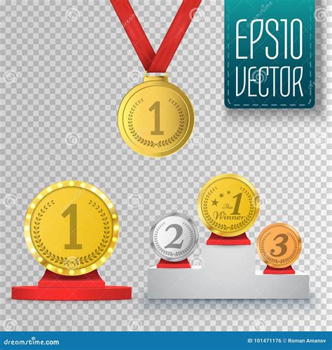 Set Of Winner Trophy Prize Template Medal And Podium Vector Stock