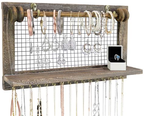 Greenco Rustic Wooden Wall Mount Jewelry Organizer With Removable Hanging Rod And Storage Shelf