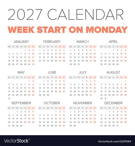Simple 2027 Year Calendar Royalty Free Vector Image