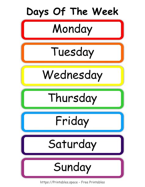 Colorful Days Of The Week Chart Starting With Monday Free Printables