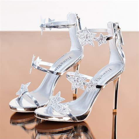 Silver Glitter Stars Strappy High Stiletto Heels Sandals Shoes
