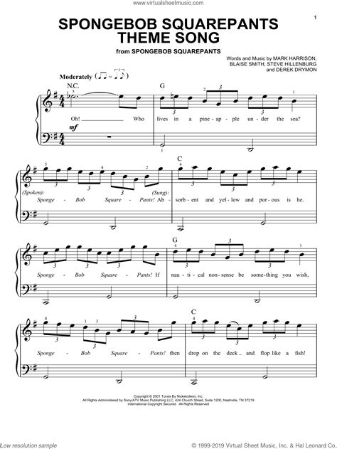 Harrison Spongebob Squarepants Theme Song Sheet Music For Piano Solo