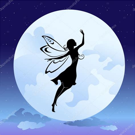 Flying Fairy Silhouette In Night — Stock Vector