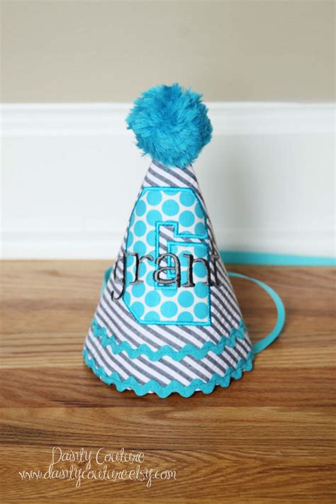 Boys First Birthday Party Hat Grey Stripes And Aqua Dots