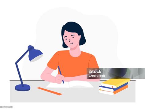 책으로 공부하는 행복한 소녀 책상에 앉아 숙제를 위해 글을 쓰는 학생 소녀 학교로 돌아갑니다 테이블에서 공부 연구 개념 플랫