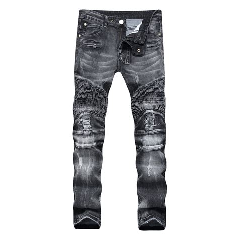 New Ripped Jeans Men Stretch Cargo Denim Biker Jeans With Zippers