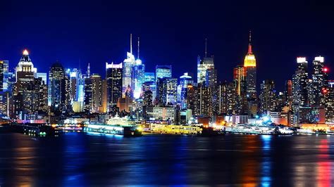New York City New York Night Lights River Reflection Hd Wallpaper