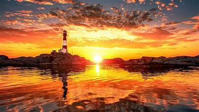 Sunset Lighthouse Ocean Clouds Rocks Nature Wallpapers