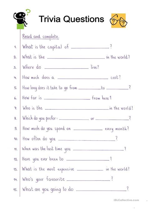 I have collected many questions and answers in my free printable baby trivia game but if you are looking for some more questions then the link i have shared above will be really. Read and Complete - Make Your Own Trivia Quiz worksheet ...