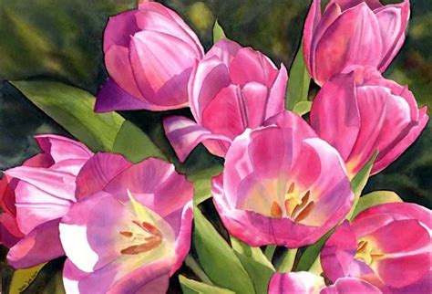 Frühlingsboten Pink Tulip Watercolor Flower Painting By Doris Joa