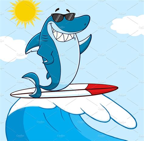 Smiling Blue Shark Surfing Illustrations Creative Market