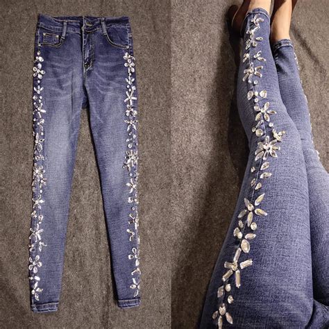 Plus Size 26 32beaded Rhinestone Cropped Women Jeans High Waist Pearl