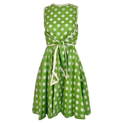 1960s teal traina lime green and white polka dot sleeveless dress with scarf white vintage