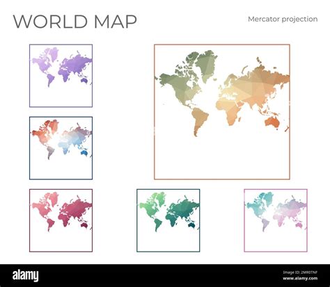 Low Poly World Map Set Spherical Mercator Projection Collection Of