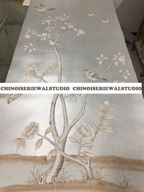 Chinoiserie Panel Hand Painted Wallpapers On Silver Metallic Etsy
