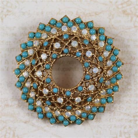 Vintage Sarah Coventry Turquoise And Opal Gold Filigree Circle Brooch