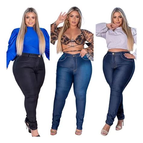 Kit 3 Calças Plus Size Feminina Jeans Lycra Cintura Alta Parcelamento