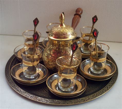 Turkish Tea Set Imperial Cups Saucers Dishes Ibrik Spoons Glass Brass