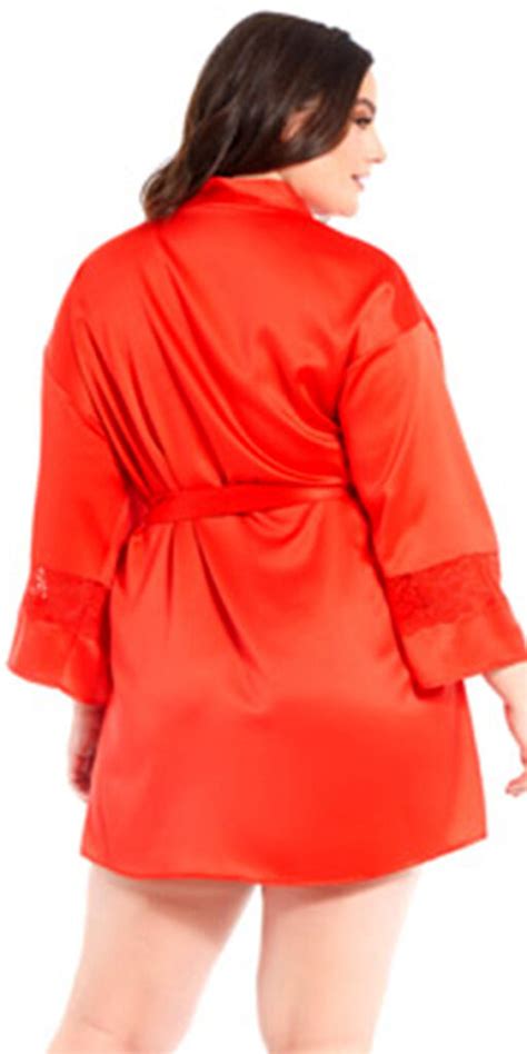 Plus Size Red Satin Lace Insert Robe Sexy Womens Loungewear