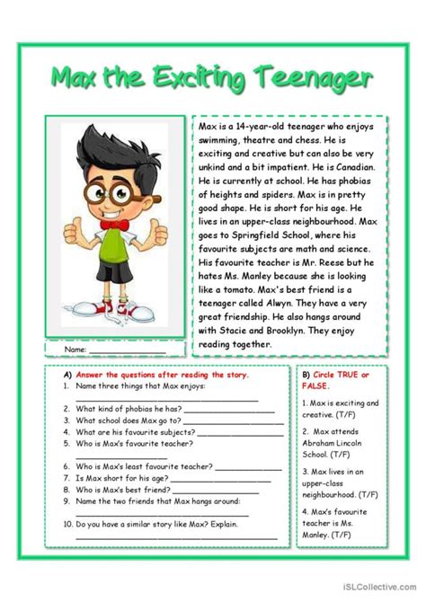 Reading Comprehension Max The Exci English Esl Worksheets Pdf And Doc