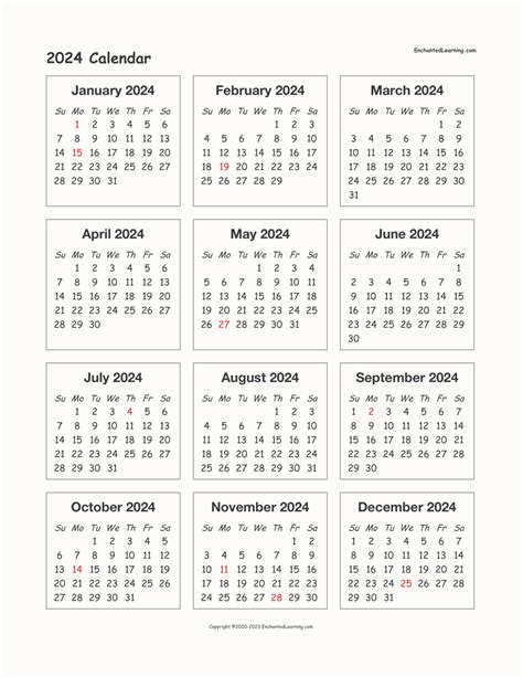 Free Printable 1 Page 2024 Calendar
