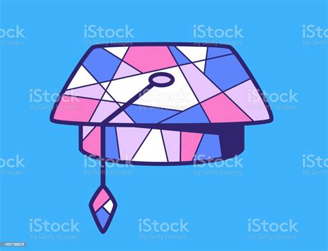 Vector Illustration Of Pink And White Graduation Cap On Blue Stok