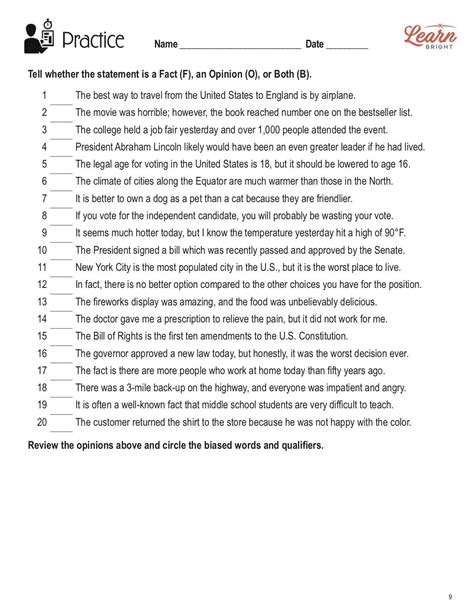 Facts And Opinions Worksheets