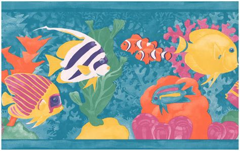 Wallpaper Border Cartoon Colorful Fish Teal Wall Border Retro Design