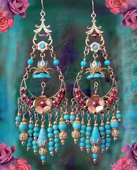 Turquoise Bohemian Chandelier Earrings Gold Lotus Beaded By Kerala
