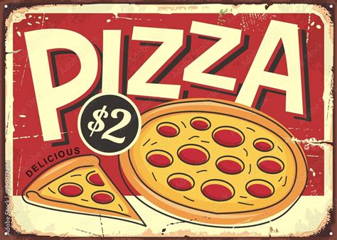 Fototapeta Pizzeria W Stylu Cartoon Znak Z Pizzą Pepperoni I Kawałkiem