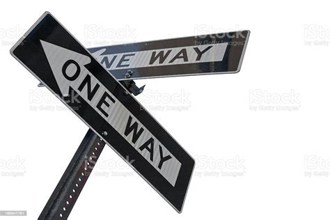 Two One Way Signs Pointing To Different Directions Stock Photo