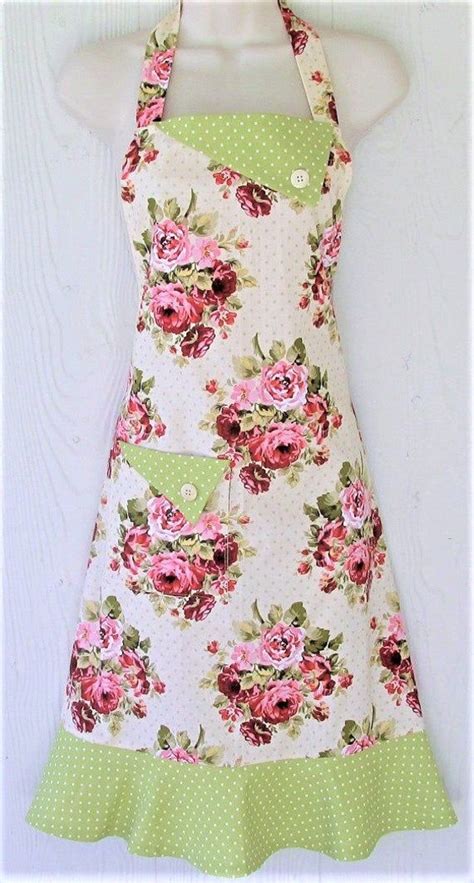 Retro Floral Full Apron For Women Pink Roses And Polka Dots Etsy Womens Aprons Vintage