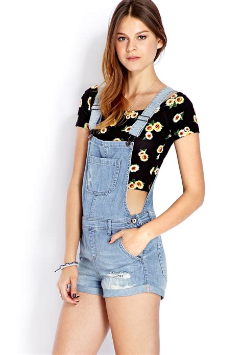 Lyst Forever 21 Blue Jeans Babe Overall Shorts In Blue
