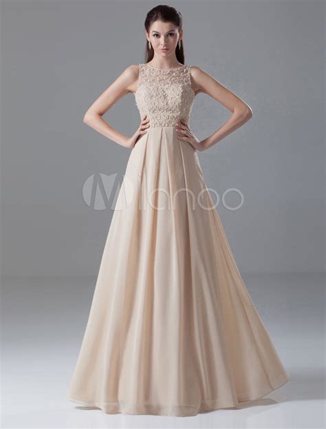 Champagne A Line Beading Jewel Chiffon Floor Length Evening Dress