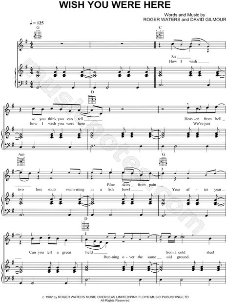 Pink Floyd Wish You Were Here Sheet Music In G Major Transposable