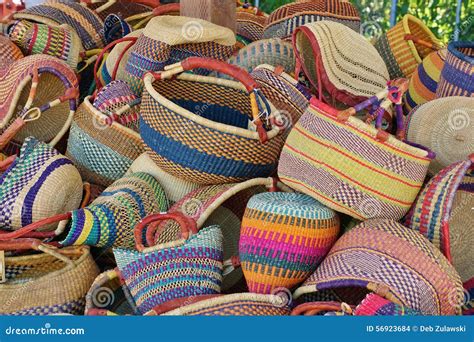 Pile Of Round Colorful Traditional African Woven Baskets Royalty Free