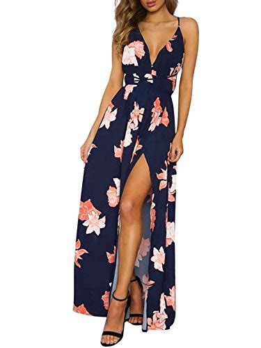 Simplee Women S Deep V Neck Backless Spaghetti Strap Floral Casual Maxi Dress 12 Navy Blue