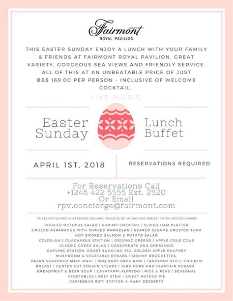 easter sunday buffet lunch at the fairmont royal pavilion what s on in barbados 2018 04 01