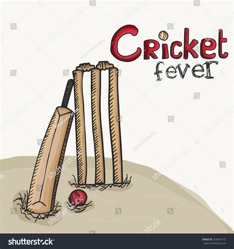 Stylish Bat With Red Ball And Wicket Stumps For Cricket Fever Stock