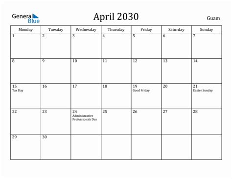April 2030 Guam Monthly Calendar With Holidays