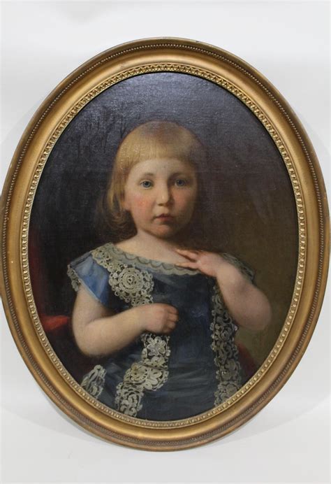 Antique Framed Victorian Oval Portrait Painting Of A Young Girl For