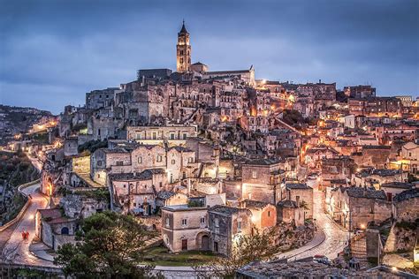 The Sassi Of Matera By Night Ancient Town Matera Landscape By