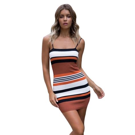 Sexy Slim Striped Dresses For Women Sleeveless Spaghetti Strap Summer Dress Woman Beach Short