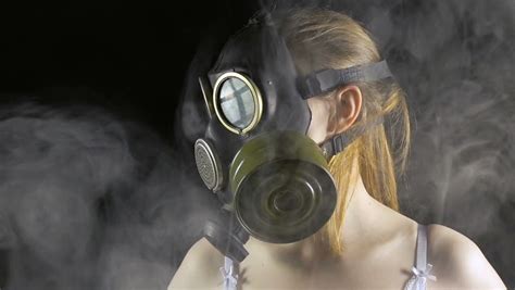 Woman In A Black Bra In Gas Mask Image Free Stock Photo Public