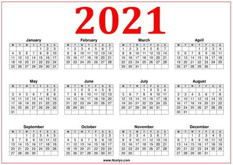 Printable Calendar 2021 Week Starting Monday Red