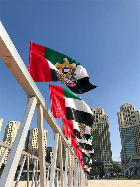 Uae National Day Celebration With Flags Around City In Dubai Stock