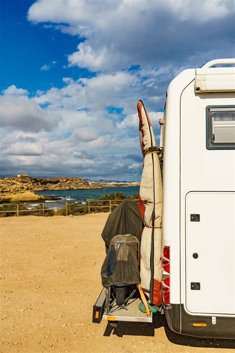 Camper Van With Surf Board On Beach Stock Photo Image Of Surfing