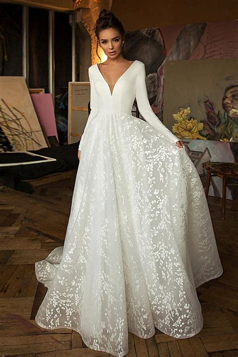 Elegant A Line Long Sleeves V Neck Wedding Dress Simibridaldresses